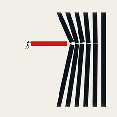 Minimalist vector concept illustration of a business woman pushing a red block to break through vertical lines, representing disruption, overcoming obstacles, and innovative leadership.