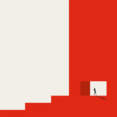 A minimalist vector concept illustration showing a business woman stepping through an open door toward a new career path, representing growth, breakthrough, and future opportunities in life.