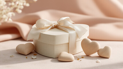 Cozy heart-shaped gift box with wooden hearts. Beautiful heart-shaped gift box with ribbon, surrounded by wooden hearts, creating warm and inviting atmosphere, perfect for proposals and celebrations