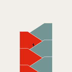 Minimalist business vector concept illustration of a woman walking up a geometric staircase, representing the journey to career success, persistent effort, and professional advancement.