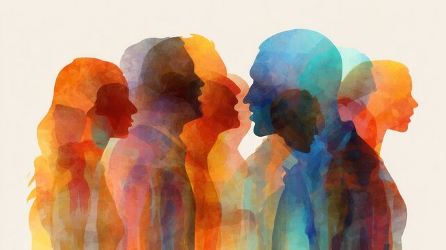 Diverse colorful silhouettes of people communicating, debating, and exchanging opinions large a group