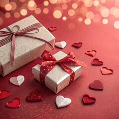Valentine&rsquo;s Day gift boxes with red ribbons and heart decorations on festive red background, A romantic Valentine's Day scene 14 February.