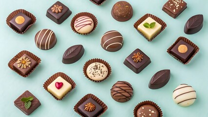 Assortment of gourmet chocolates and pralines on a mint green background