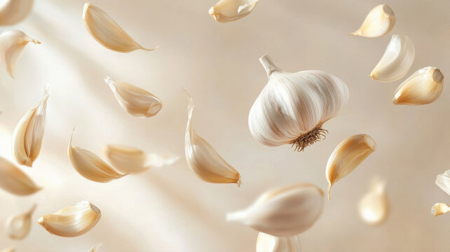 garlic slice and whole floating at air