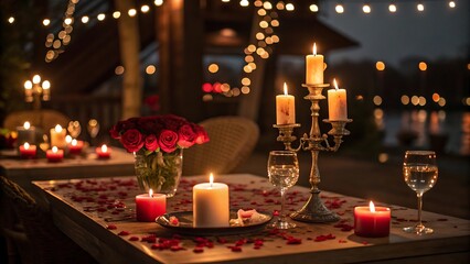 Romantic candlelit dinner setting with roses and wine glasses for couples