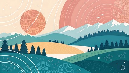 Abstract landscape with mountains sun and rolling hills in pastel colors