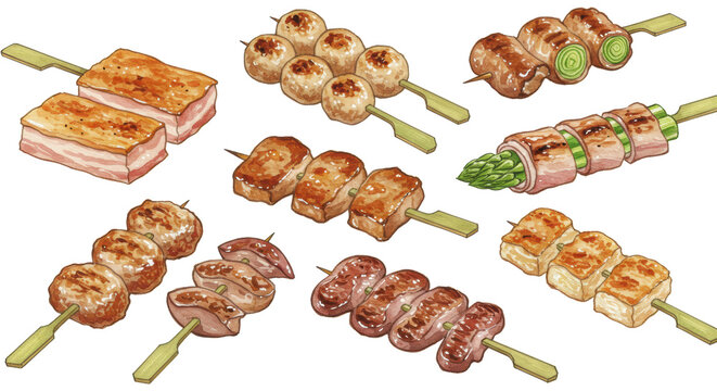 Meticulously detailed watercolor illustration of diverse traditional japanese yakiton skewers (pork belly, tsukune, negima), on a transparent background with soft luminous quality, japanese