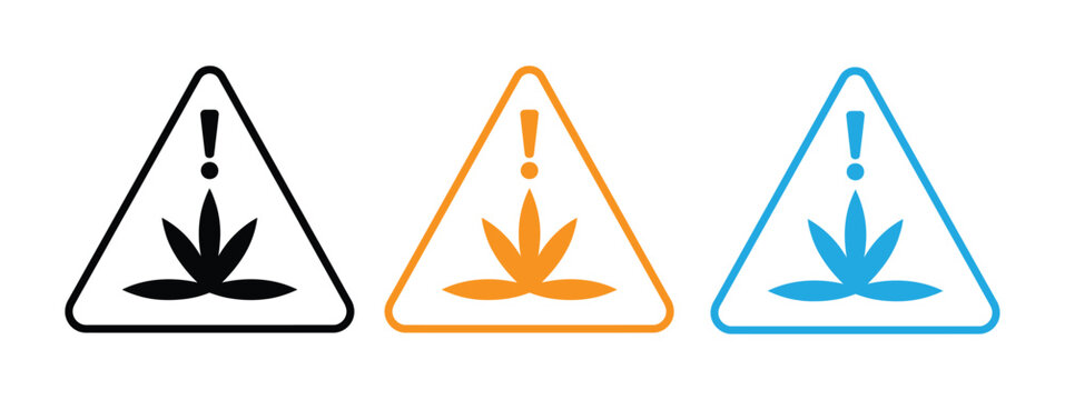 Warning signs with cannabis leaf and exclamation mark. Cannabis Caution Label. THC and CBD Warning Sign in Californian Style.