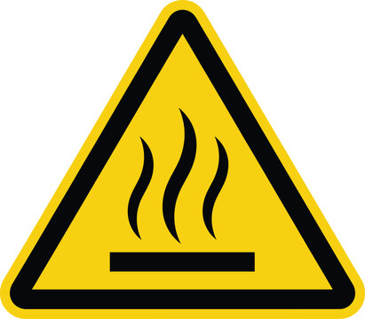 Hot surface warning sign with heat waves icon, industrial safety caution symbol in yellow flat vector illustration