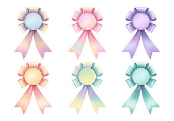 Six pastel rosettes with ribbons, each with a circular center, arranged on a black background