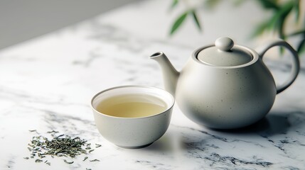 Elegant Chinese porcelain teapot and cups in still life, showcasing traditional health benefits.