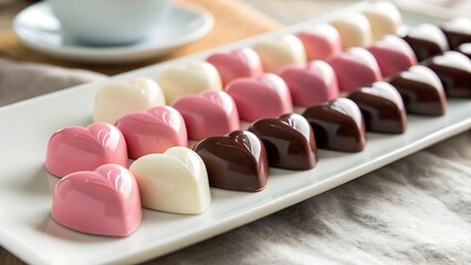 Assorted heart shaped chocolate pralines in white pink and dark flavors on white ceramic tray