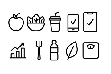 Healthy living outline icon set for balanced diet and wellness lifestyle