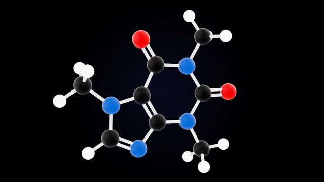 Caffeine chemical molecule structure, 3d render of purine alkaloid model on black background, scientific formula illustration for chemistry and biology education