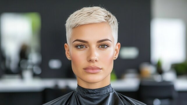 Young woman with modern short blonde hair at salon, looking confident and receiving new or haircut a styling