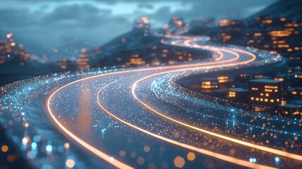 Digital data moving through a futuristic smart city network with glowing light trails on illuminated and roads buildings