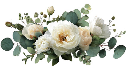 Elegant floral arrangement of white and light peach-colored peonies with lush green foliage