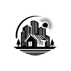 A stylized black and white illustration of a city skyline with a Ferris wheel behind a house