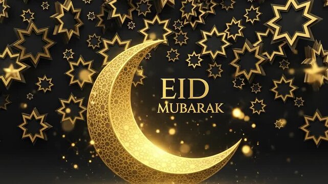 Eid Mubarak Celebration with Golden Crescent Moon and Stars: A Festive Design Representing the Joy and Spiritual Significance of Eid in Islamic Culture