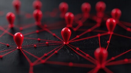 Global network connecting locations with red pins on world spread distribution showing map