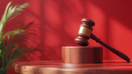 Gavel and sound block on wooden table with red background and baby's breath judgement representing and justice flowers