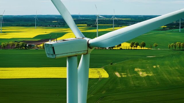 Wind generators producing electricity in countryside close-up. Turbine blades turning steadily above lush green and yellow fields. Eco friendly windmill harnessing natural energy on agricultural land
