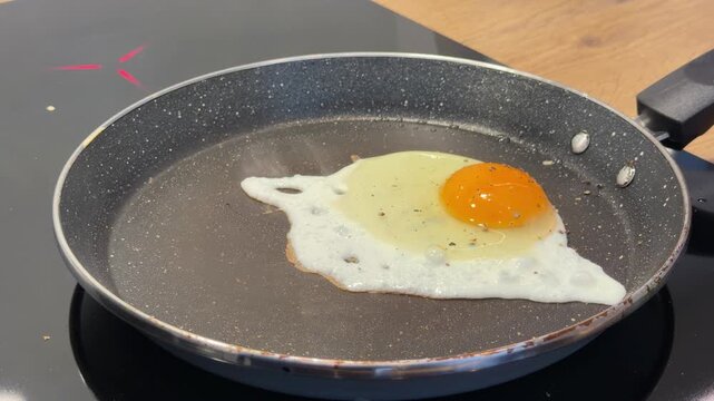 Single Egg Frying in a Pan Close Up
