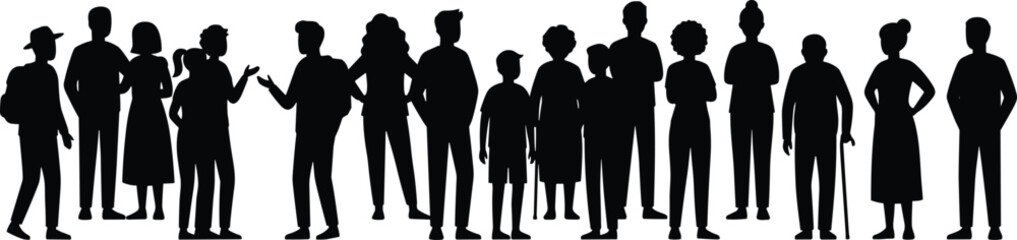 Diverse people silhouettes group, men women children standing together, human crowd figures, black isolated characters illustration