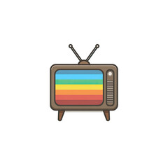A cartoon-style television with a rainbow-colored screen, set against a stark black backdrop