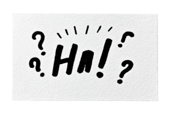 Black hand-drawn exclamation "Ha!" with question marks on white textured background