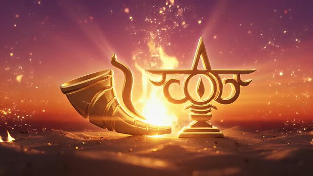 Narasimha Jayanti sacred fire particles background with conch, chakra, and warm sunset gradient