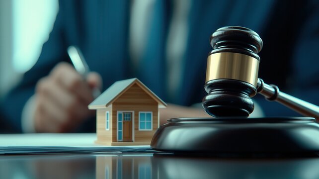 Judge with gavel and wooden house representing legal decision making for residential property, real disputes and estate, housing