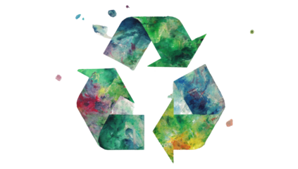 Artistic rendition of the universal recycling symbol, rendered in watercolor textures on a black backdrop