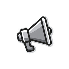 A grayscale icon of a megaphone with a white outline against a black background
