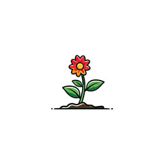 A stylized cartoon flower with red petals, yellow center, green leaves, growing from soil