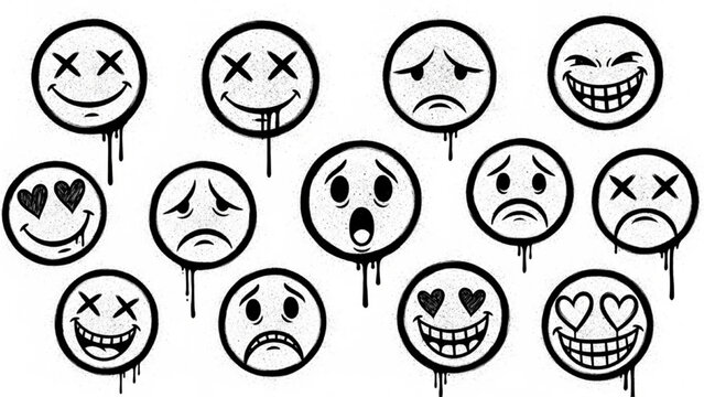 Urban Graffiti Emoticon Faces Vector Illustration Sheet in Black Ink Grunge Punk Street Art Style