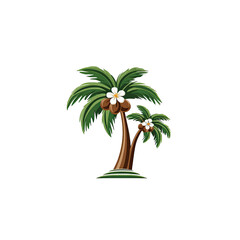 Two cartoon palm trees with coconuts and white flowers on a black background