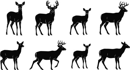 Deer silhouette vector set, stag doe walking standing poses, forest wildlife illustration isolated on white background