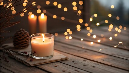 Cozy candle glow and blurred string lights create a warm, inviting winter evening ambiance on wood table