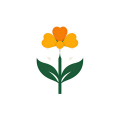 Stylized, simple illustration of a flower with heart-shaped petals and green leaves