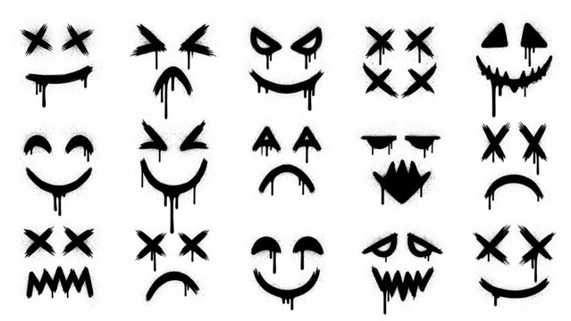 Urban Graffiti Emoticon Faces Vector Illustration Sheet in Black Ink Grunge Punk Street Art Style
