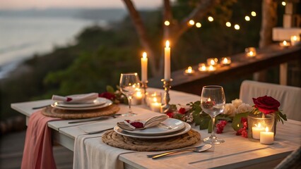 Romantic outdoor dinner setting with candles, roses, and string lights overlooking scenic ocean view at sunset