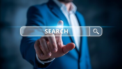 Businessman interacting with a search bar interface