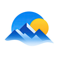 Modern mountain range silhouette, set against a rising sun and blue sky backdrop