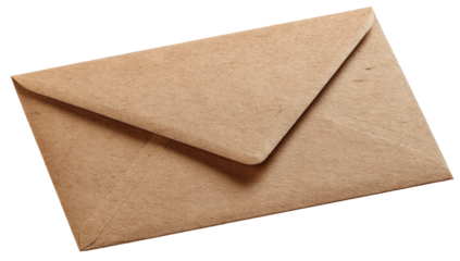 Angled, isolated close-up of a closed brown paper envelope against a black background