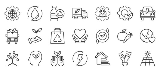 green marketing outline icon pack collection of green, market, business, growth, ecology, sustainable, design, marketing, natural, food icon