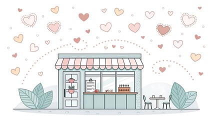 Whimsical illustration of small bakery shop storefront with pastel awning surrounded by floating hearts