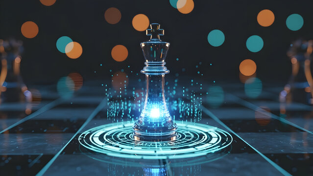 Glowing chess king piece with digital circuit on modern board