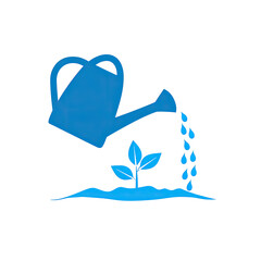 A vibrant blue gardening illustration of a watering can pouring water onto a growing sprout
