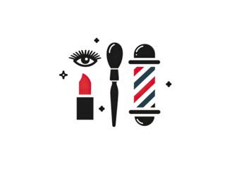 Stylized icons featuring beauty & barbering elements against a black backdrop